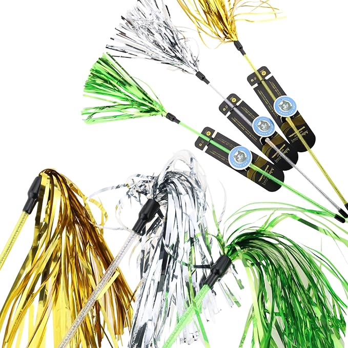ADUCK Interactive Cat Teaser Wand Toy with Tassels - Durable Cat Chaser for Indoor Kitten Exercise, Boredom Relief & Training Play, Pack of 3 (Gold, Silver, Green)-PurrikoPets
