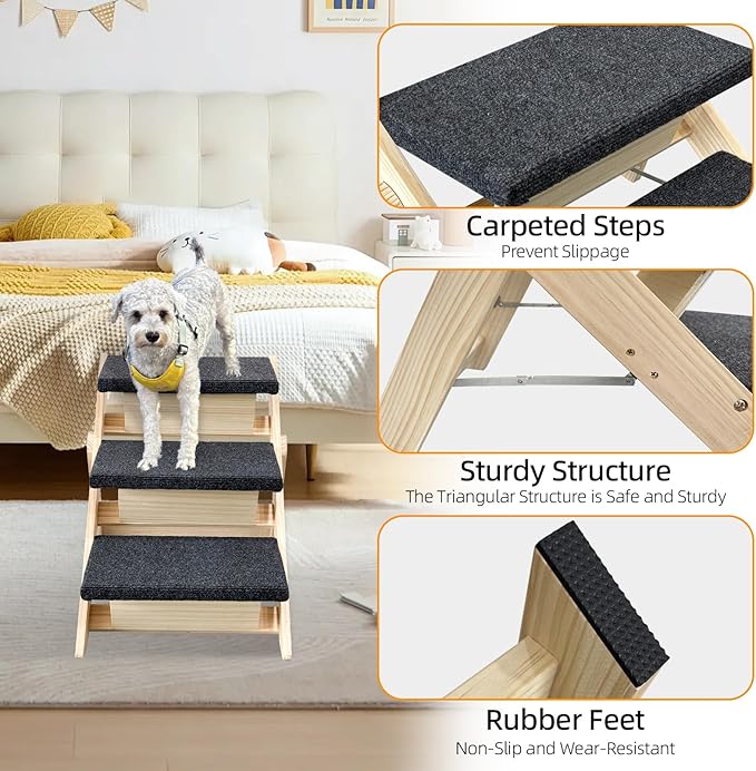 Dog Stairs/Ramp for Bed, Wooden Convertible Pet Steps, Portable Dog Ladder Up to 180 Pound for Elderly/Short-Legged Dogs, 3 Steps for Beds, Couch, Cars-PurrikoPets
