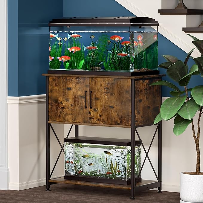 20-29 Gallon Aquarium Stand Metal Frame Fish Tank Stand with Cabinet Storage, for 20 Gallon Long Aquarium,30.7" L*16.5" W Tabletop,330LBS Capacity Rustic Brown and Black PG01YGN-PurrikoPets