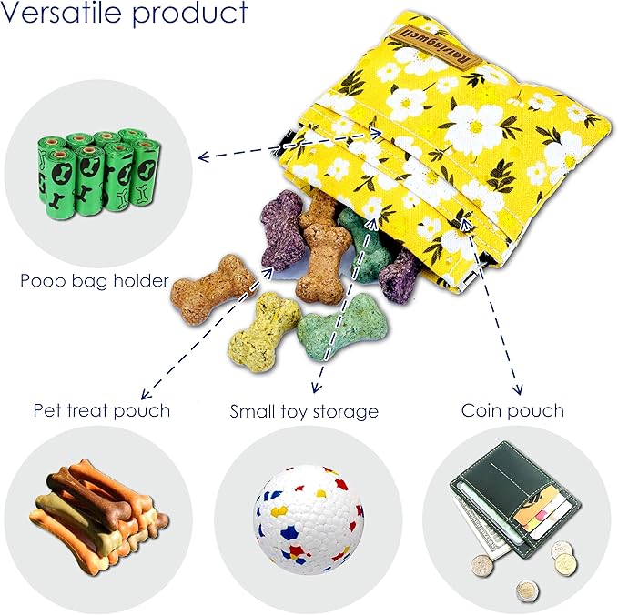 Dog Treat Pouch, Pocket Sized Pet Training Pouch, Cotton Fabric, Hand Free Yellow Flower Dog Walking Bag with Carabiner, Self-Closing Pet Feed Snack Reward, for Puppy Travel or Outdoor Use-PurrikoPets
