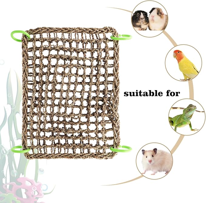 16 x 12 Inches Bird Seagrass Mat, Natural Seagrass Woven Net, Bird Hammock Mat with Hooks, Bird Cage Accessories, Climbing Rope Ladder Chew Toys for Cockatiel Hamster Guinea Pig Rats Hamster Parakeet-PurrikoPets