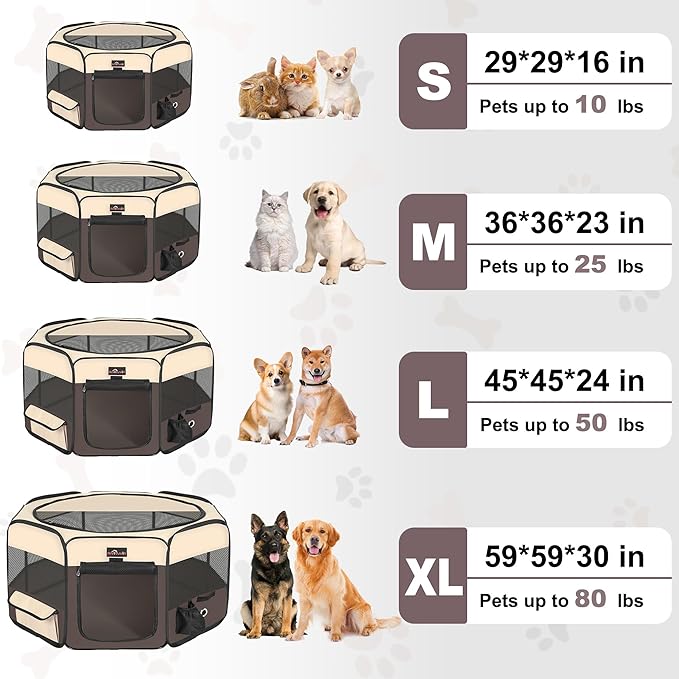 Aivituvin Dog Playpen, Foldable Pet Play Pens with Carrying Bag for Cat, Puppies, Rabbits, Portable Dog Tent Crates Cage for Travel Camping Indoor Outdoor, Removable Shade Cover, Brown L-PurrikoPets