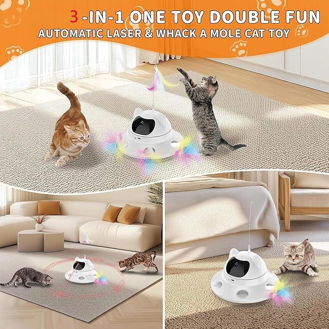 3-in-1 Cat Laser Toy & Interactive Automatic Motion-Activated Kitten Toy – 6 Holes Whack-A-Mole Feather & Moving Ambush Fun – USB Rechargeable, Apply to – Indoor Exercise for Cats of All Breeds-PurrikoPets