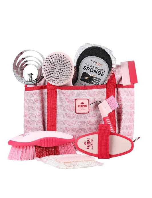 9PCS Horse Grooming Kit Curry Comb Sweat Scraper Horse Bathing Supplies Grooming Tools with Storage Bag Pink Garnet-PurrikoPets