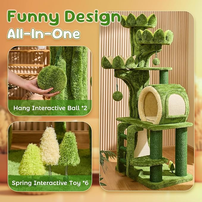 80.3'' Modern Cat Tree, Tall Cat Tower for Indoor Cats Adults, Luxury Climb Tower with Scratching Post, Heavy Duty Cat Condo with Ladder, Toys, Double Sided Mat, Lotus Perch for Multi-Cat Families-PurrikoPets