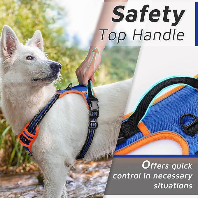 Eagloo Dog Harness for Large Dogs, No Pull Service Vest with Reflective Strips and Control Handle, Adjustable and Comfortable for Walking, No Choke Harness with 2 Metal Rings, Blue & Orange, M-PurrikoPets