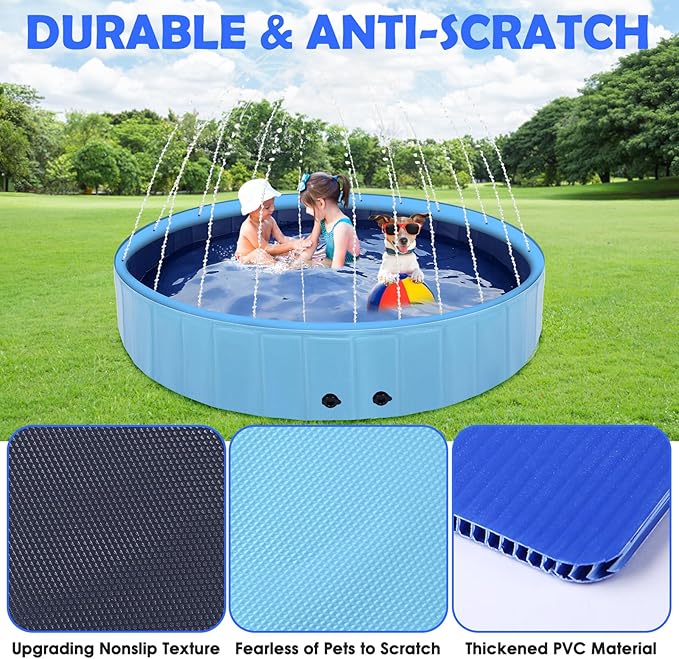 87" Large Dog Pool with Sprinkler, 2-in-1 Foldable Swimming Pool Non-Slip Hard Plastic Splash Sprinkler Kiddie Pool for Outdoor Backyard Kids Dogs Ducks and Pet Baths-PurrikoPets