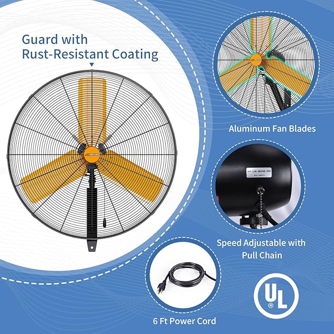 24 inch Oscillating High Velocity Wall Mount Fan, 7600 CFM Industrial Heavy Duty Metal Wall Fan, 3 Speeds, Adjustable Height and Tilt, Commercial Shop Fans for Garage, Workshop-PurrikoPets