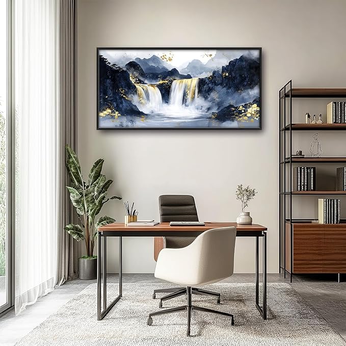 Extra Large Abstract Golden Waterfall Framed Wall Art for Living Room,Oversized Foggy Mountain Pictures Wall Decor,Canvas Print Painting Modern Artwork Bedroom Office Bathroom 60L" x 30W"-PurrikoPets