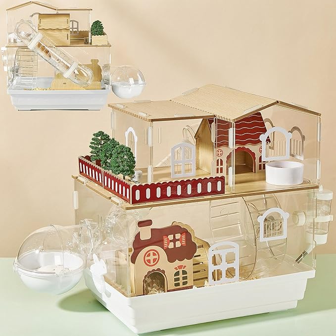 12 in 1 Clear Acrylic Hamster Cage with All Accessories,13.5''L* 10''W* 15''H Dwarf Hamster Cage,Magnetic Connection Small Hamster Enclosure,Garden Style Wooden Mouse Cage for Pet Mice(2-Layer,White)-PurrikoPets