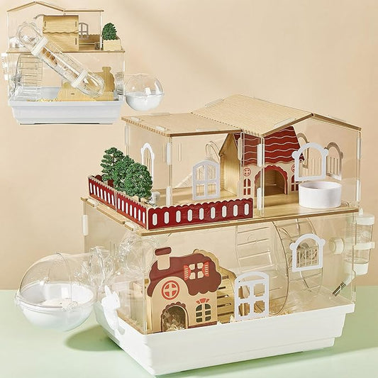 12 in 1 Clear Acrylic Hamster Cage with All Accessories,13.5''L* 10''W* 15''H Dwarf Hamster Cage,Magnetic Connection Small Hamster Enclosure,Garden Style Wooden Mouse Cage for Pet Mice(2-Layer,White)-PurrikoPets