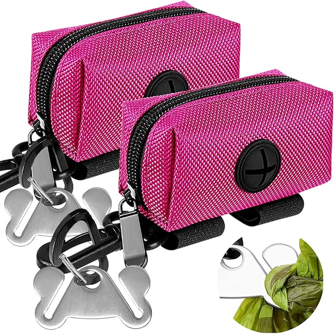 Dog Waste Bag Dispenser Pet Poop Bags Holder for Doggie Waste Bags Dispensers Soft Fabric Zipper Small Doggy Puppy Pouch for Leash Accessory Attachment with Carrier,2PC Pink-PurrikoPets