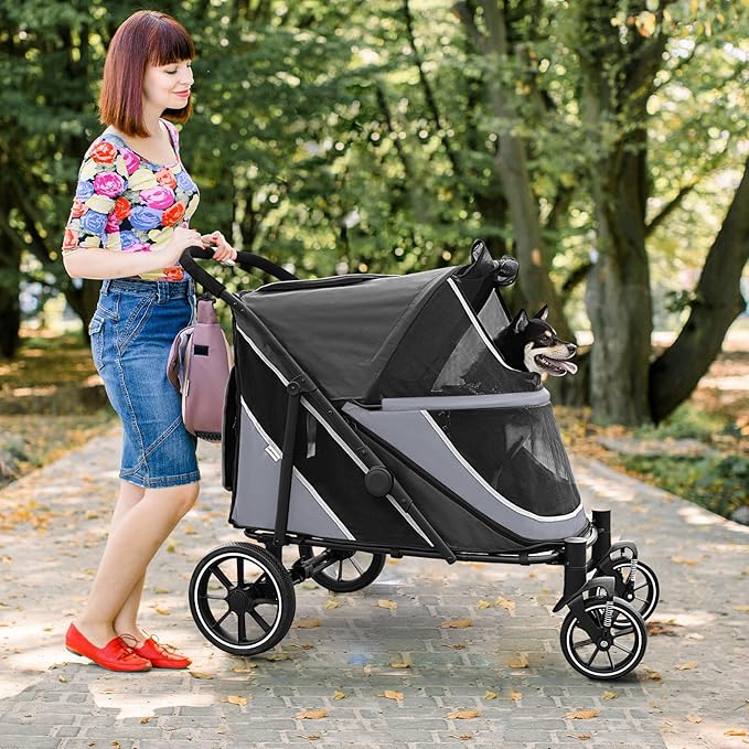 Dog Stroller for Medium/Large Dogs One-Click Folding, Extra Large Pet Stroller for 2 Dogs with Storage Pocket & Shock Absorption, Up to 130 lbs, Grey-PurrikoPets