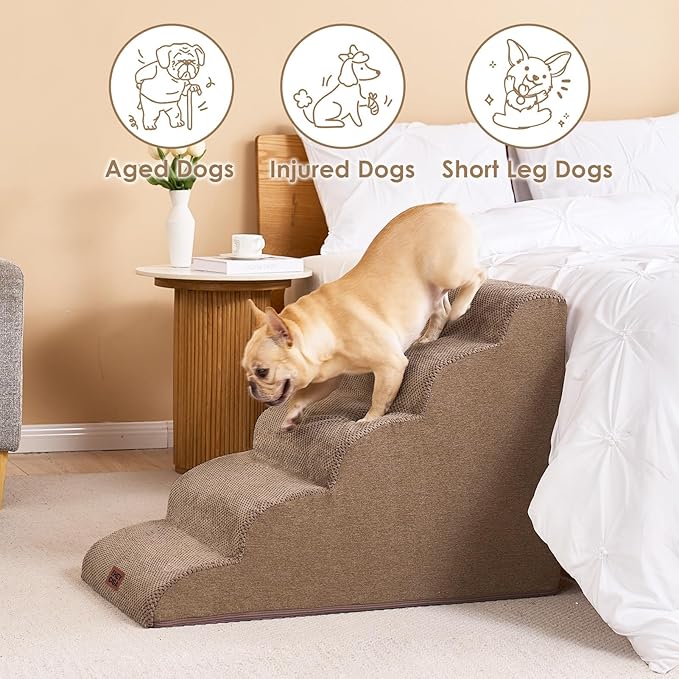 EHEYCIGA Curved Dog Stairs Ramp for High Beds 22.6" H, 5-Step Dog Steps for Small Dogs and Cats, Pet Stairs for High Bed Climbing, Non-Slip Balanced Pet Step Indoor, Camel-PurrikoPets