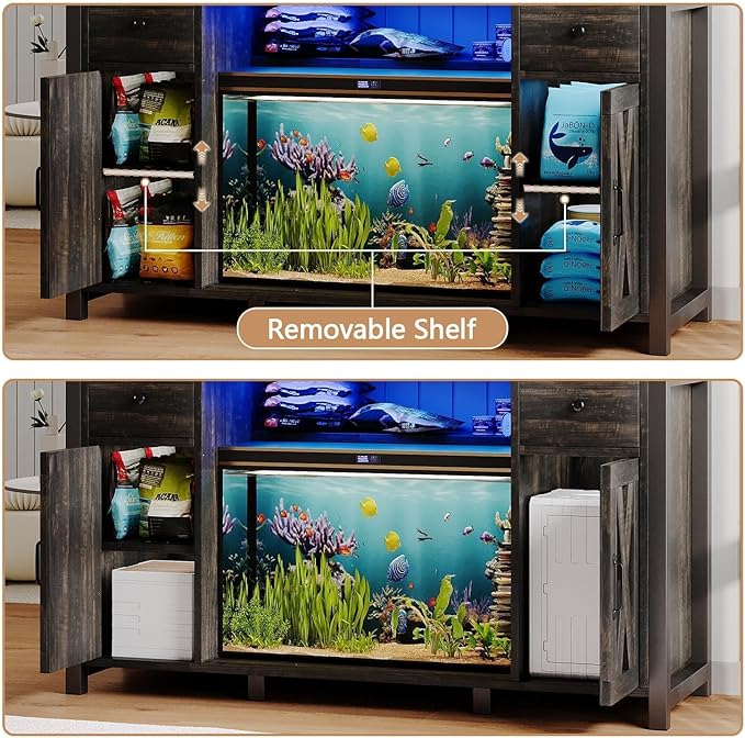 75 Gallon Fish Tank Stand with LED Light & Power Outlets, 55-75 Gallon Heavy Duty Metal Aquarium Stand with Drawers & Barn Doors, Cabinet for 2 Fish Tank Accessories Storage, Dark Oak-PurrikoPets