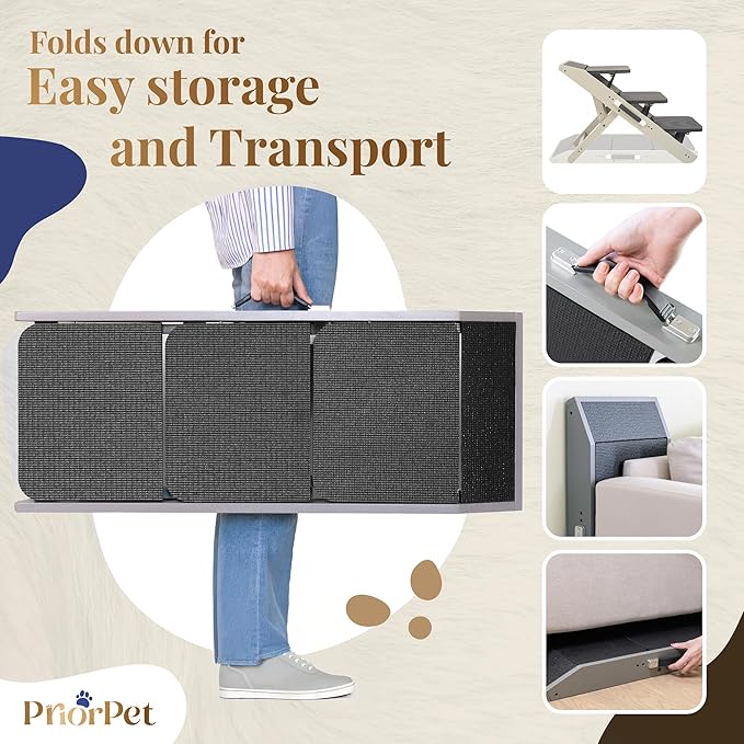 Dog Steps for Bed & Couch 2-in-1 Dog Stairs/Ramp - Height Adjustable Dog Ramp for Couch 7” - 20” - Pet Stairs, Dog Stairs for Small Dogs - Easy to Move Pet Steps with Landing Platform, Gray-PurrikoPets