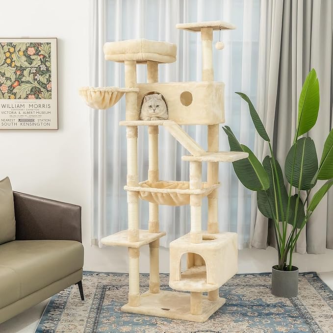 73 inches Large Cat Tree for Indoor Cats, Tall Cat Tower with Sisal Scratching Posts and Pads, Padded Plush Perch, Cozy Basket, Plush Condo for Large Cats (Beige)-PurrikoPets