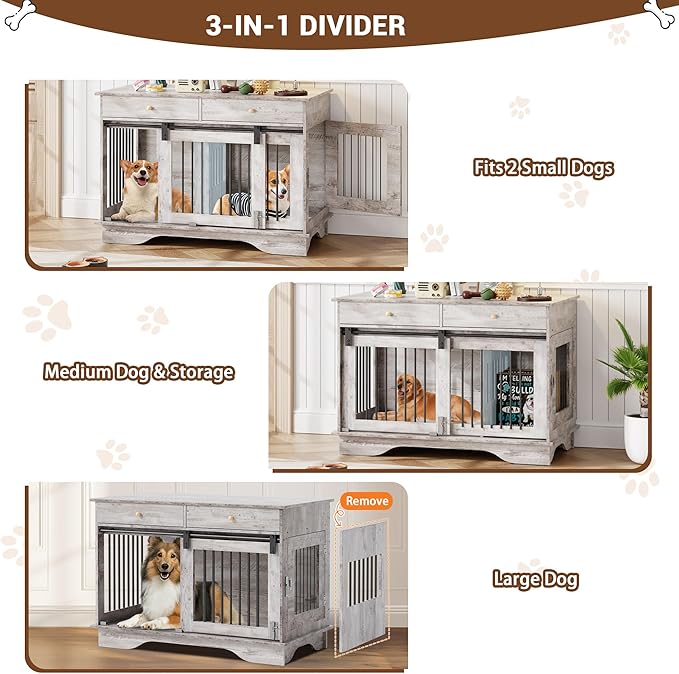 Dog Furniture Crate, 47" Large Dog Crate Furniture w/ 2 Storage Draws & Removable Divider for Large/Medium/Small Dogs (Grey, One Cage)-PurrikoPets