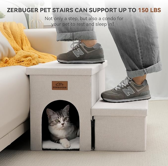 Dog Stairs with Condo 15" H, 2-Step Wider Dog Steps for Small/Medium/Large Old Dogs Cats, Folding Sturdy Storage Pet Stairs Climbing Bed Couch, Ramp for Car Hold Up to 150 lbs, Beige-PurrikoPets