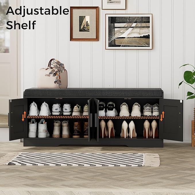 2-Tier Storage Bench, Shoe Bench with Thickened Padded Seat Cushion, Entryway Bench with 4 Doors, Adjustable Shelf, 13.8" D x 45.3" W x 18.5" H, for Entryway, Living Room, Bedroom, Black-PurrikoPets