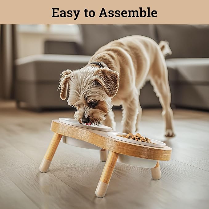 Elevated Cat Bowls - Set of 2 Ceramic Pet Food Bowls with Anti-Slip Bamboo Stand - 15 Degree Titled - Raised Dog Bowl for Small Dogs - Raised Cat Bowl Stand - Pet Feeding Station for Cats & Small Dogs-PurrikoPets