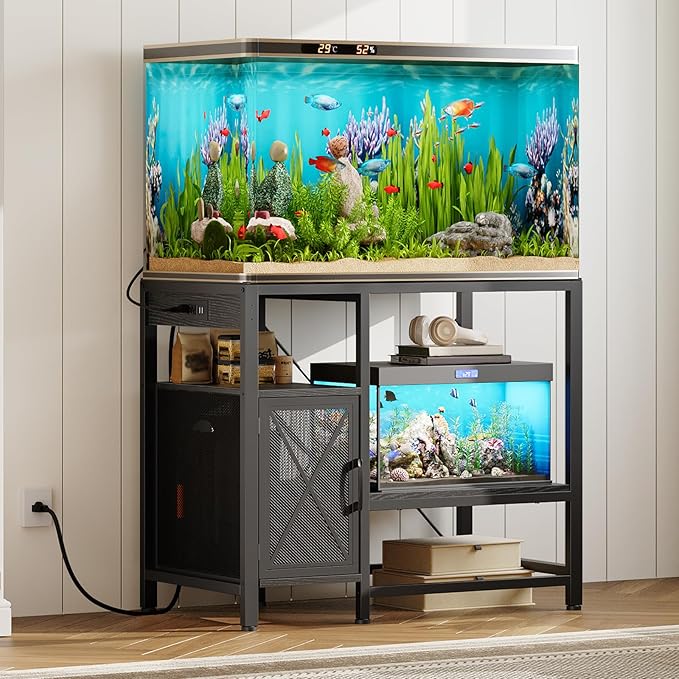 40-50 Gallon Fish Tank Stand, Aquarium Stand with Power Outlet and Storage Cabinet, Heavy Duty Tank Stand Suitable for Turtle Tank, Reptile Terrarium, for Home Office, Black FTBK50E01-PurrikoPets