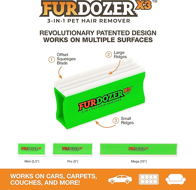FurDozer X3 MINI Pet Hair Remover & Auto Detailing Tool - Cat & Dog Hair Remover for Carpets, Car Interiors, Couches, Bedding, & Pet Furniture - Reusable Pet Hair Removal Tool for Dog Fur & Lint, 3.5"-PurrikoPets