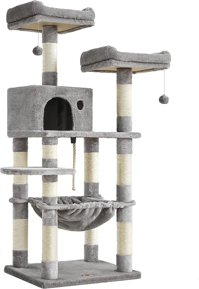 FEANDREA Cat Tree, Cat Tower for Indoor Cats, 56.3-Inch Cat Condo with Scratching Posts, Hammock, Plush Perch, Light Gray UPCT15W-PurrikoPets