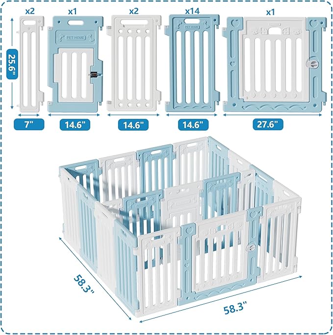 2 Room Dog Playpen with Door,DIY Shape Combination Puppy Pen,16-Panel+2 Link Piece+Large Door+Small Door,25.5" H Dog Fence,Non-Slip&Secure Pet Gate,Easy to Assemble,Blue+White-PurrikoPets