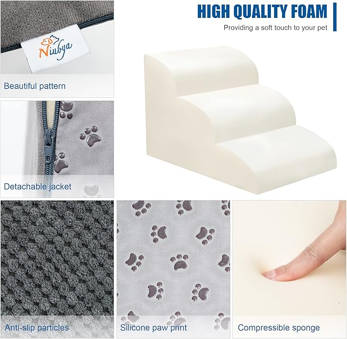 Dog Stairs for Small Dogs - High Density Foam Dog Ramp, Extra Wide Pet Steps with Non-Slip Bottom for High Beds, Couche and Sofa, Best for Dogs Injured, Older Doggy Cats (Grey, 3 Steps)-PurrikoPets