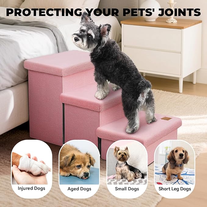 Dog Stairs with Furry Lids 18" H, 3-Step Wider Dog Steps with Storage for Small/Medium/Large Dogs Cats, Folding Sturdy Pet Stairs Climbing Bed or Sofa, Ramp for Car Hold Up to 200 lbs, Pink-PurrikoPets