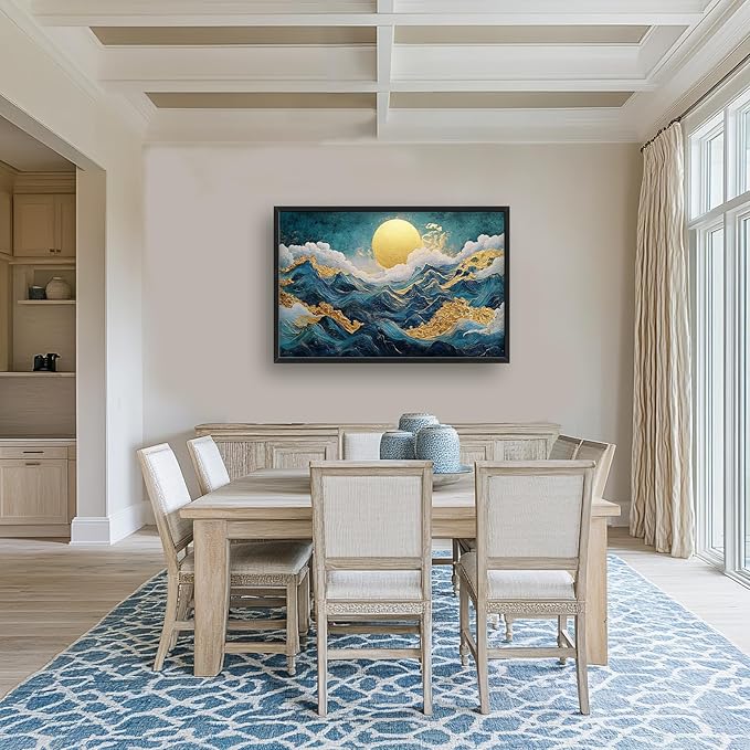 Framed Large Sun Mountain Wall Art, Oversized Teal and Golden Sun Wall Decor for Living Room, Abstract Landscape Canvas Painting Modern Artwork Home Decoration for Living Room Bedroom 36"x24"-PurrikoPets