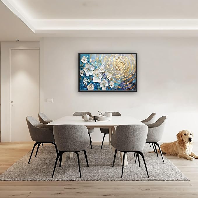 Flower Large Wall Art White Floral Pictures Abstract Golden Spiral Texture Wall Decor Canvas Print Painting Artwork for Bathroom Living Room Bedroom 36L" x 24W"-PurrikoPets