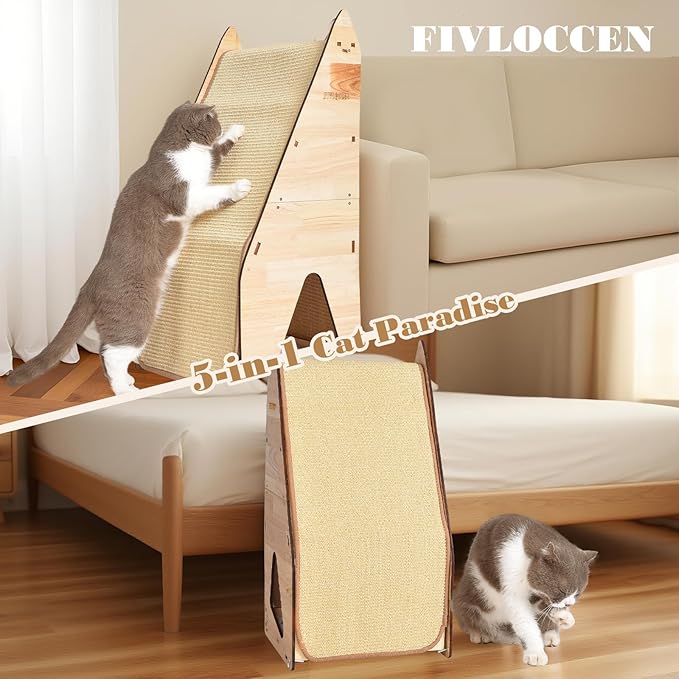 32in Cat Scratching Posts for Indoor Cats: Replaceable Sisal Mats & Sturdy 3D Wood Frame, Integrated Cat Condo, Hideout, Tunnel, All-in-One Space Saver for Multi-Cat & Budget-Friendly Homes-PurrikoPets