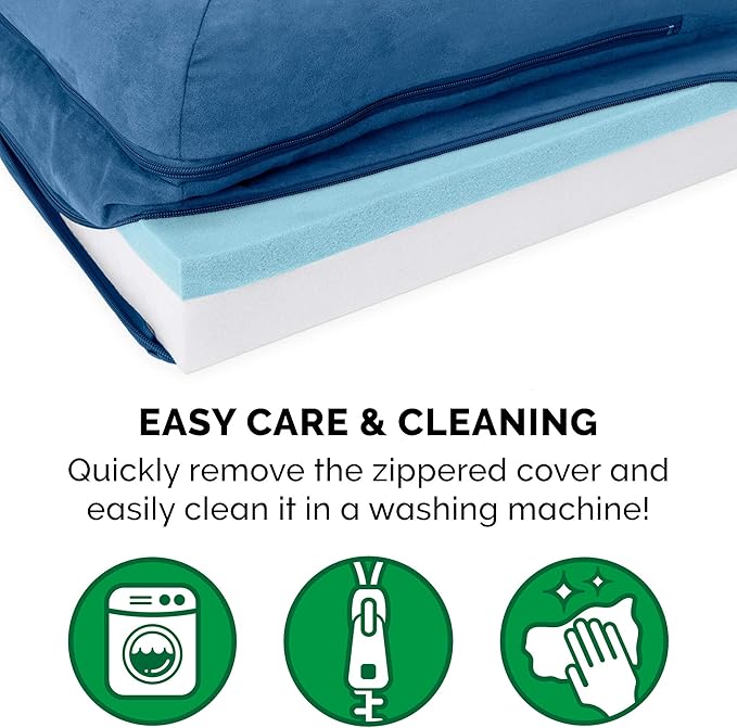 Furhaven Cooling Gel Dog Bed for Large Dogs w/ Removable Bolsters & Washable Cover, For Dogs Up to 95 lbs - Two-Tone Plush Faux Fur & Suede L Shaped Chaise - Marine Blue, Jumbo/XL-PurrikoPets