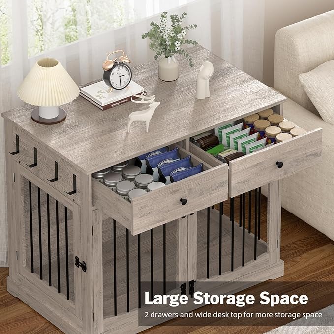 40 Inch Furniture-Style Dog Crate-Multipurpose Wood Pet Crate Furniture with Double Doors,2 Drawers, Decorative Dog House Indoor for Smal/Medium Dogs, Gray Finish-PurrikoPets