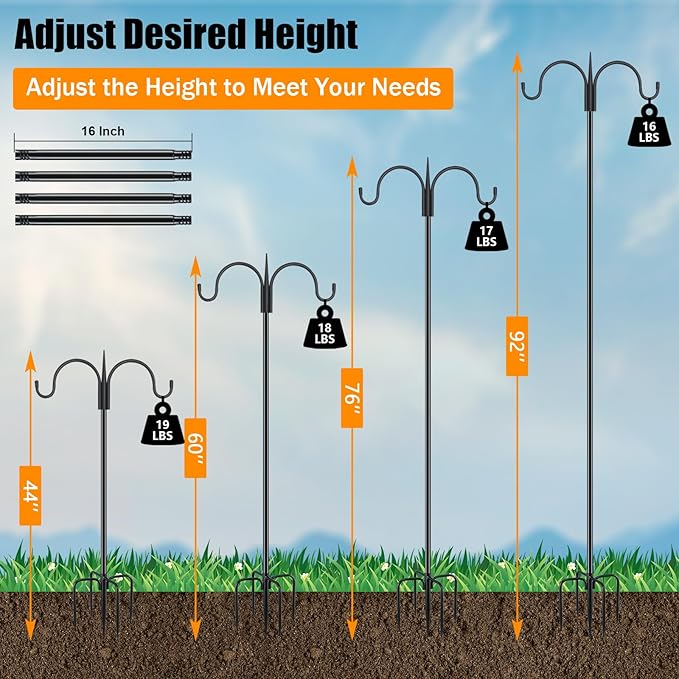 FEED GARDEN Adjustable Double Shepherds Hook for Outdoor with 5 Prong Base 92 Inch Heavy Duty Two Sided Bird Feeder Pole for Hanging Plant Baskets, Solar Light Lanterns, Wind Chimes-PurrikoPets