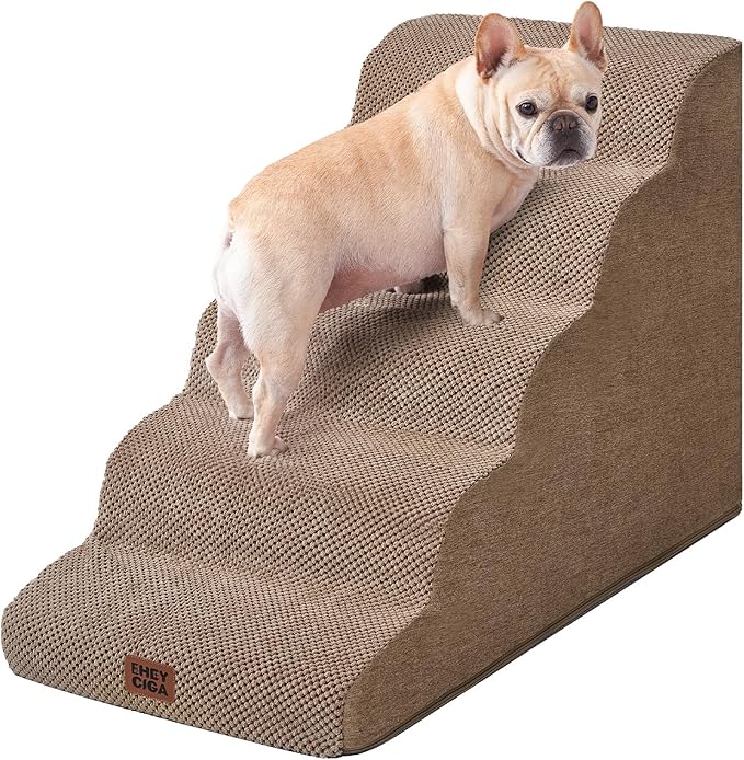 EHEYCIGA Curved Dog Stairs Ramp for High Beds, 5-Step Extra Wide Dog Steps for Small Dogs and Cats, Pet Stairs for High Bed Climbing, Non-Slip Balanced Pet Step Indoor, Camel-PurrikoPets