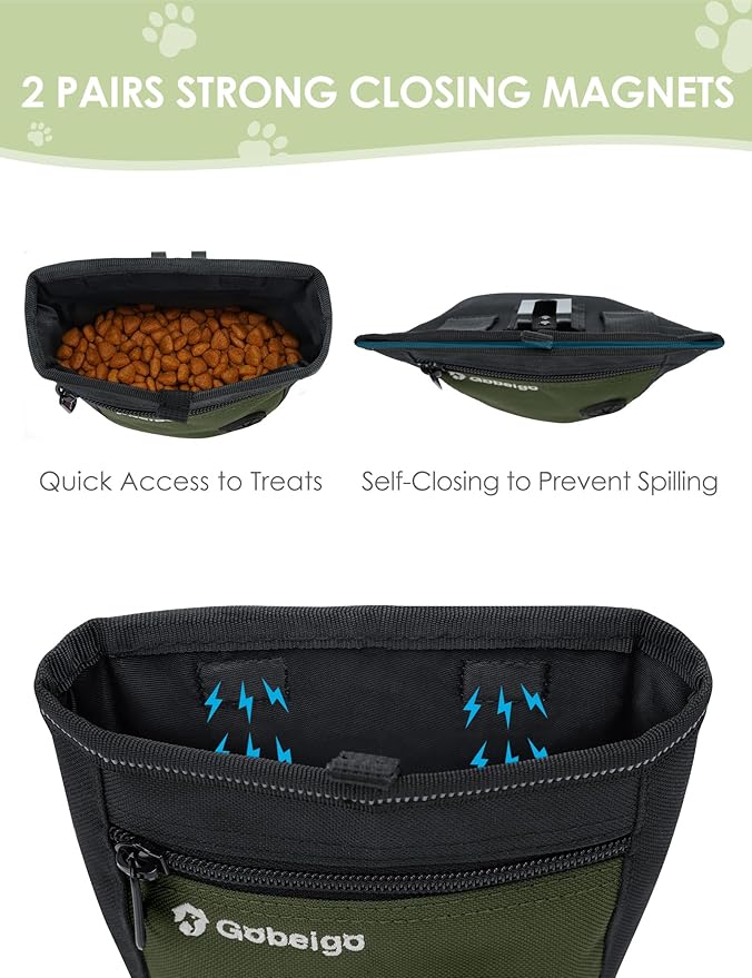 Gobeigo Dog Treat Pouch and Training Clicker, Upgrade Two Magnetic Closure to Prevent Spills, 2 Cup Treat Bag with Poop Bag Dispenser, Metal Clip Waist Belt Fanny Pack for Pet Walk (Black/Army Green)-PurrikoPets