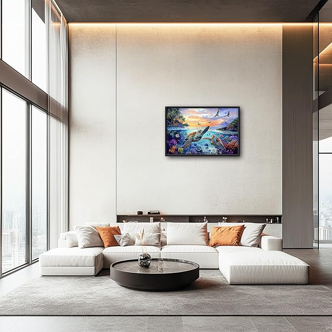 Framed Large Sea Turtle Wall Art for Living Room, Oversized Ocean Turtle Wall Decor Seascape Underwater Marine Life Canvas Painting Home Decoration for Living Room Bedroom Office 36"x24"-PurrikoPets