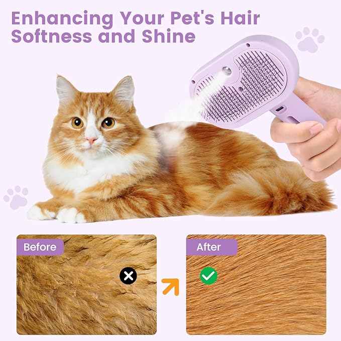 3 in 1 Cat Steam Brush, Pet Spray Hair Removal Comb for Shedding & Grooming, Water Brush for Cats Dogs Small Animals Long Short Haired with One-Click Release Button(Purple)-PurrikoPets