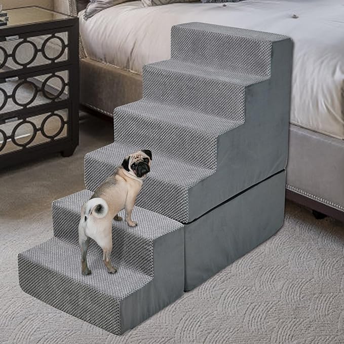 Dog Steps for High Beds 30-32" H - 6-Step Dog Stairs for Small Dogs, 33D Foam Pet Steps for High Bed with Non-Slip Bottom and Washable Cover, Dogs Ramp for Bed Indoor, Grey-PurrikoPets