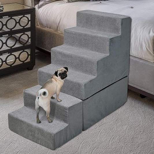 Dog Steps for High Beds 30-32" H - 6-Step Dog Stairs for Small Dogs, 33D Foam Pet Steps for High Bed with Non-Slip Bottom and Washable Cover, Dogs Ramp for Bed Indoor, Grey-PurrikoPets