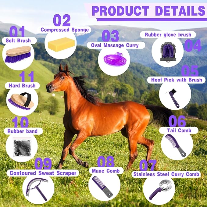 Abbylike 12 Pieces Horse Grooming Kit Racing Festival Tack Room Supplies Horse Brush Sets Equine Care Cleaning Kit Shedding Grooming Massaging Tools(Gray and Purple)-PurrikoPets