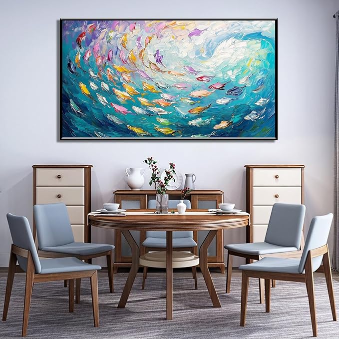 Fish Canvas Wall Art, Abstract School of Fish Canvas Wall Art, School of Fish Painting Canvas, School of Fish Wall Art, Fish Wall Decor, Fish Pictures Wall Decor, Bedroom Canvas Wall Decor (Black Framed, 59"x33" | 150x84cm)-PurrikoPets