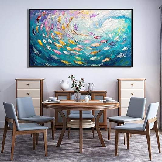 Fish Canvas Wall Art, Abstract School of Fish Canvas Wall Art, School of Fish Painting Canvas, School of Fish Wall Art, Fish Wall Decor, Fish Pictures Wall Decor, Bedroom Canvas Wall Decor (Black Framed, 23"x13" | 60x35cm)-PurrikoPets