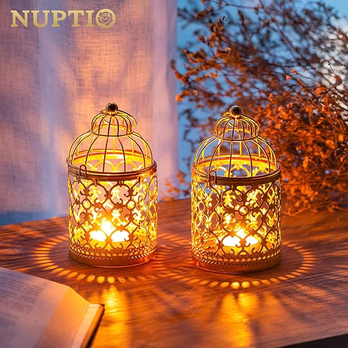 2 Pcs Small Metal Tealight Hanging Birdcage Lantern, Vintage Decorative Centerpieces of Wedding, Party, Gold-PurrikoPets