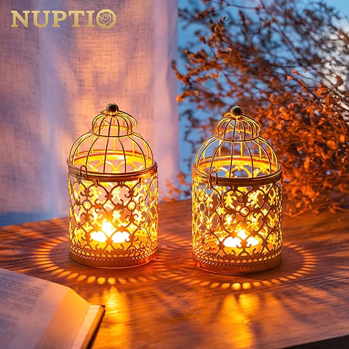 6 Pcs Small Metal Tealight Hanging Birdcage Lantern, Vintage Decorative Centerpieces of Wedding, Party, Gold-PurrikoPets
