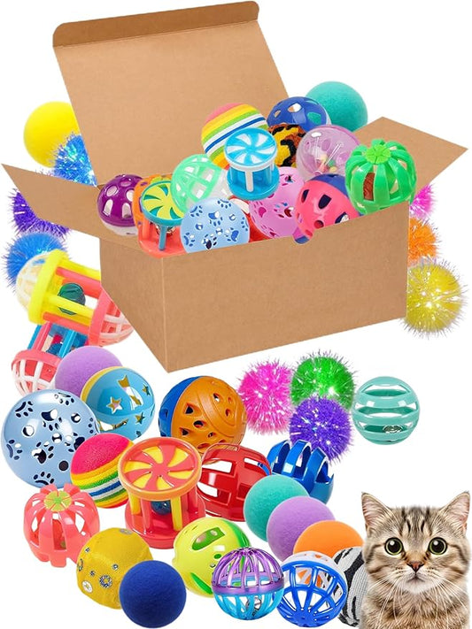 40-Piece Cat Toy Variety Pack for Indoor Cats and Kittens, Bouncy Paws (1.5'' - 2.2'', Cat Toys Deluxe Pack)-PurrikoPets