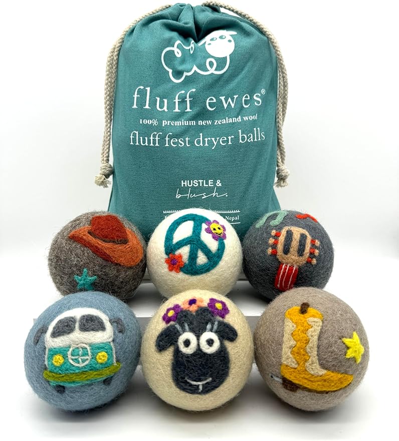 Fluff Ewes Wool Dryer Balls 6 Pack Premium New Zealand Wool Laundry Balls for Dryer, No Static Dryer Balls Laundry Reusable, XL Wool Dryer Balls Cute, Baby Dryer Balls for Dryers - Fluff Fest-PurrikoPets